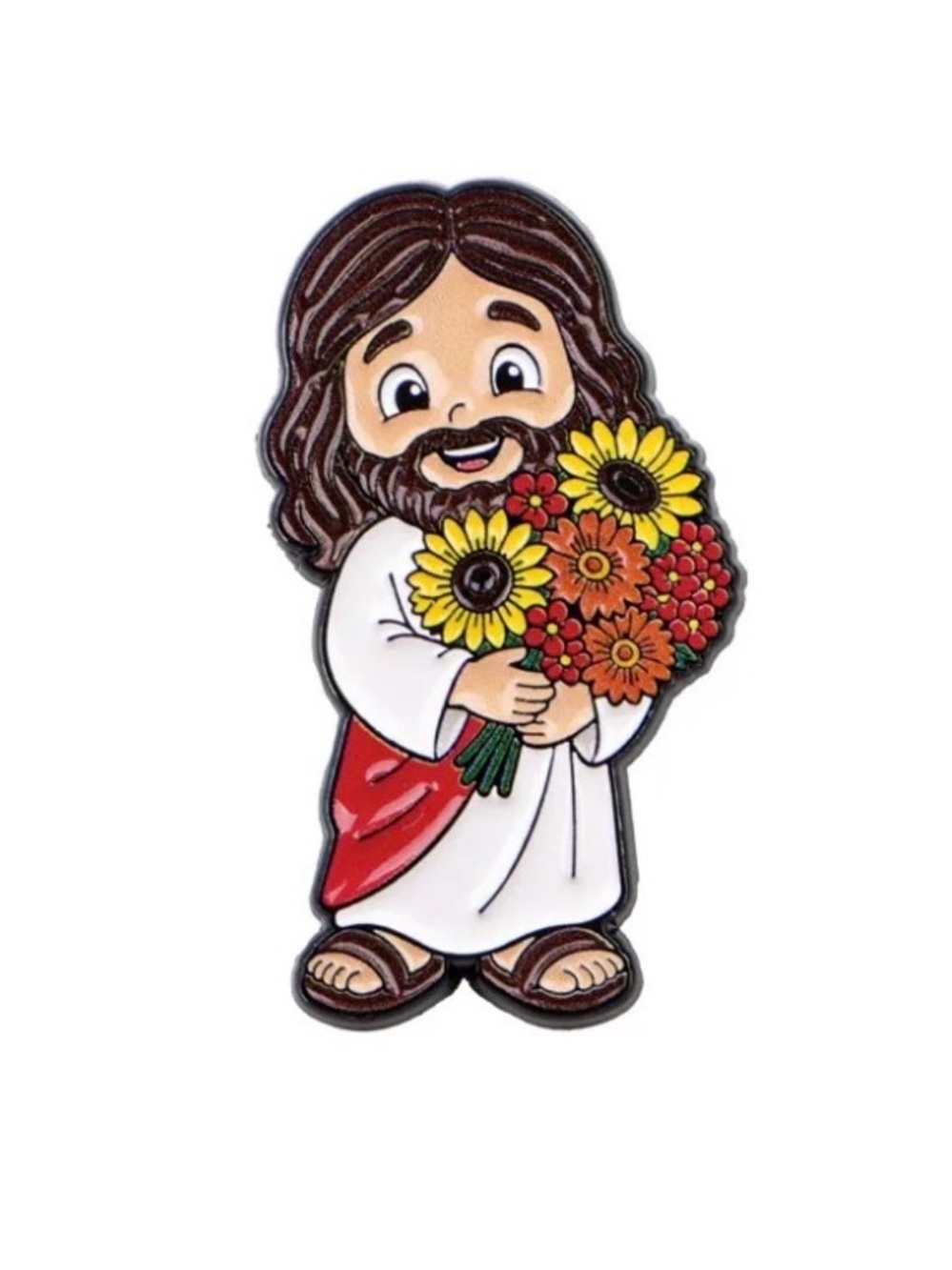 Cute Jesus Holding Flowers Enamel Pin – Christian Faith Floral Religious Lapel